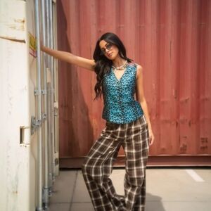 LALA Women's Blue Leopard Print Top and Brown Plaid Pants- Never WORN